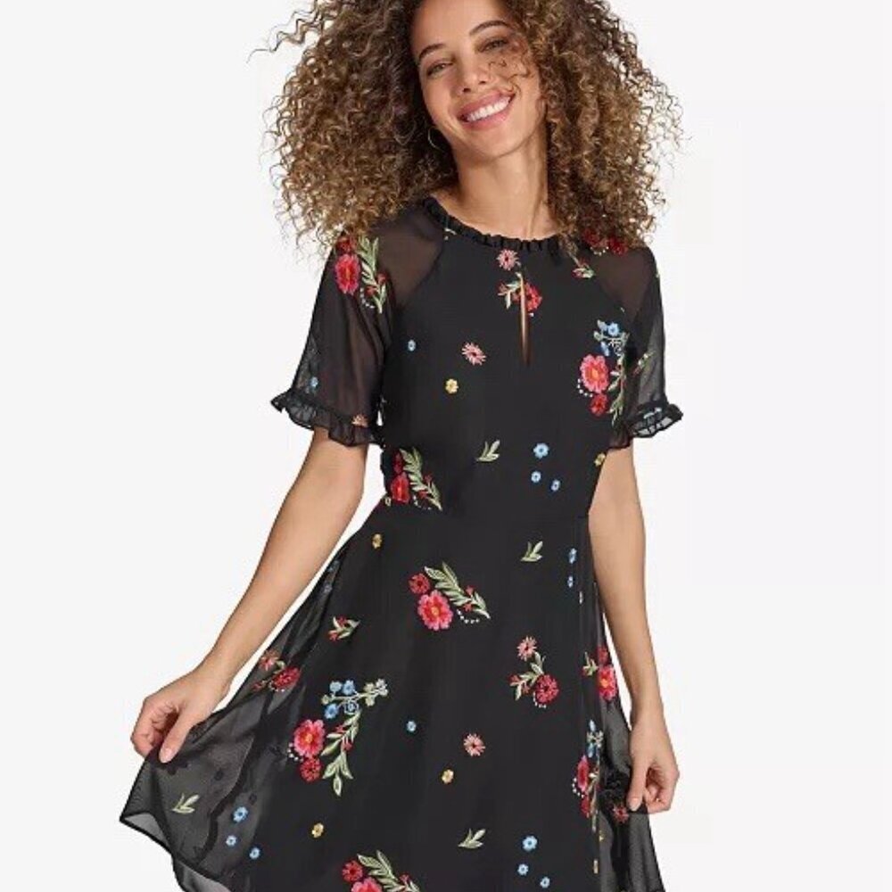 New Kensie Womens Size 2 Black Floral Embroidered Chiffon Back Cutout Dress - Picture 5 of 14